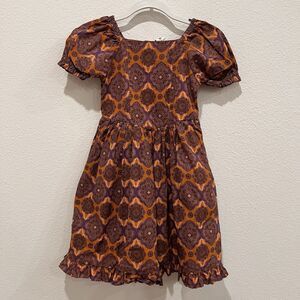 Kate Quinn Girls 2T Geometrical Burnt Orange Puff Sleeve Lined Dress Party